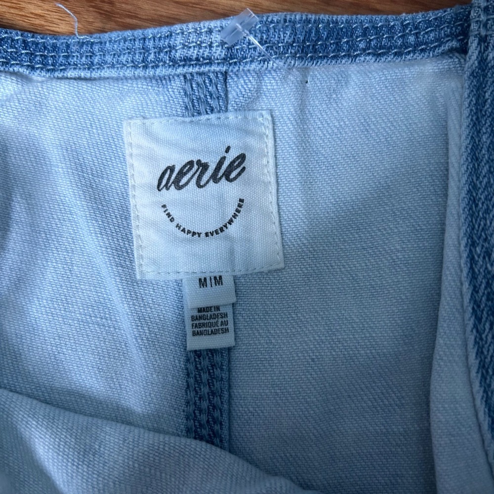 Aerie Light Wash Denim relaxed Shortalls Frayed Hem Adjustable Straps M - Picture 8 of 9